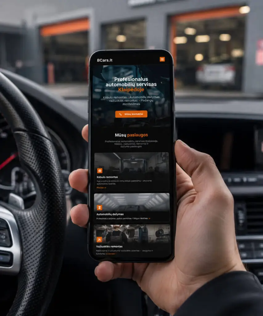 Autoserviso internetinė svetainė mobiliajame telefone prie automobilių serviso